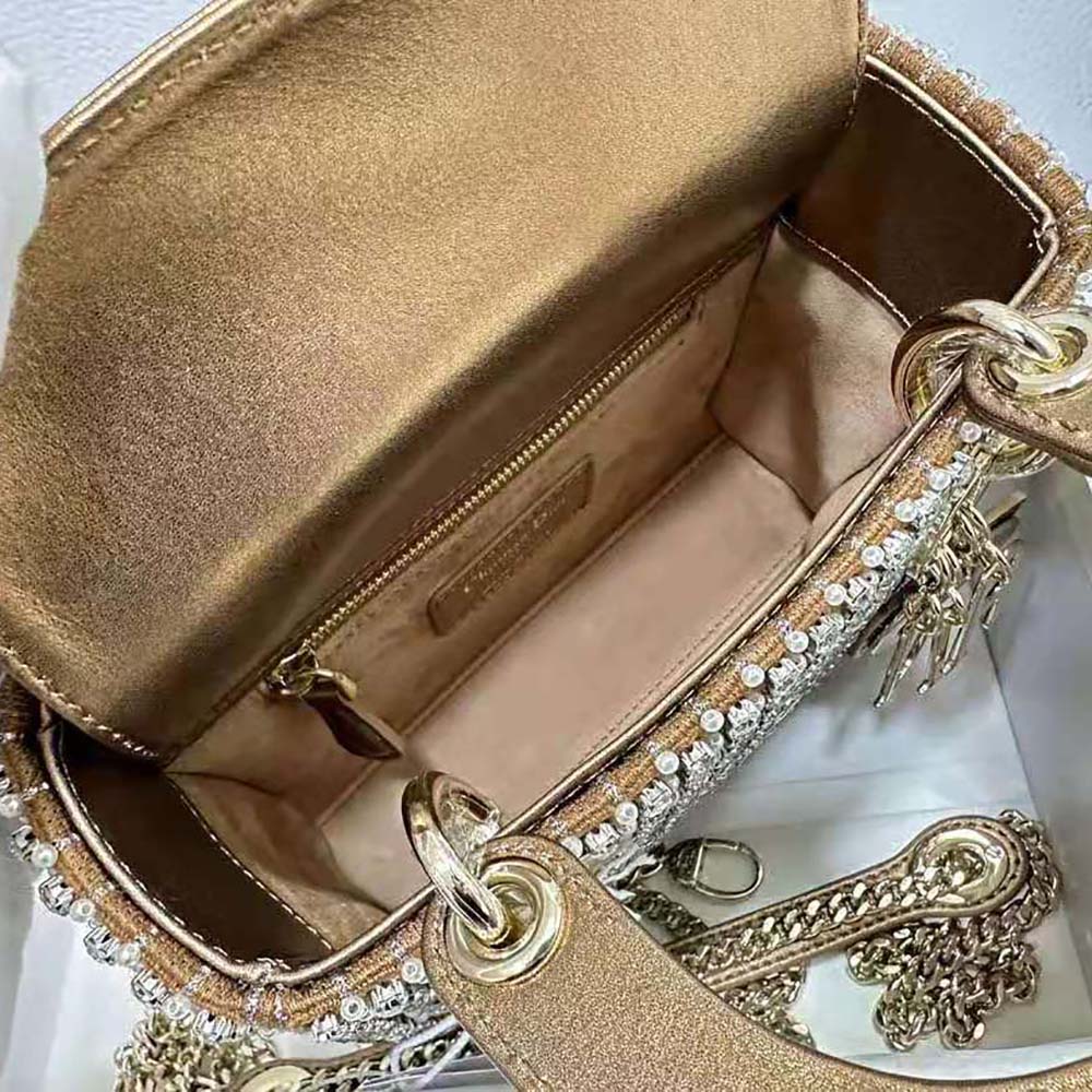 Dior Women Mini Lady Dior Bag Square-Pattern Embroidery Set with Strass and White Round Beads - image 8