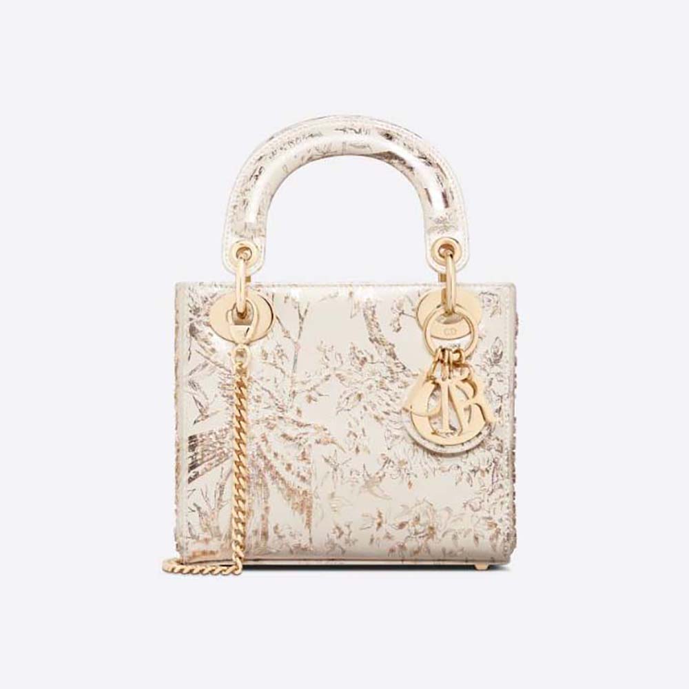 Front view of Dior Women Mini Lady Dior Bag White Calfskin with gold-tone motif