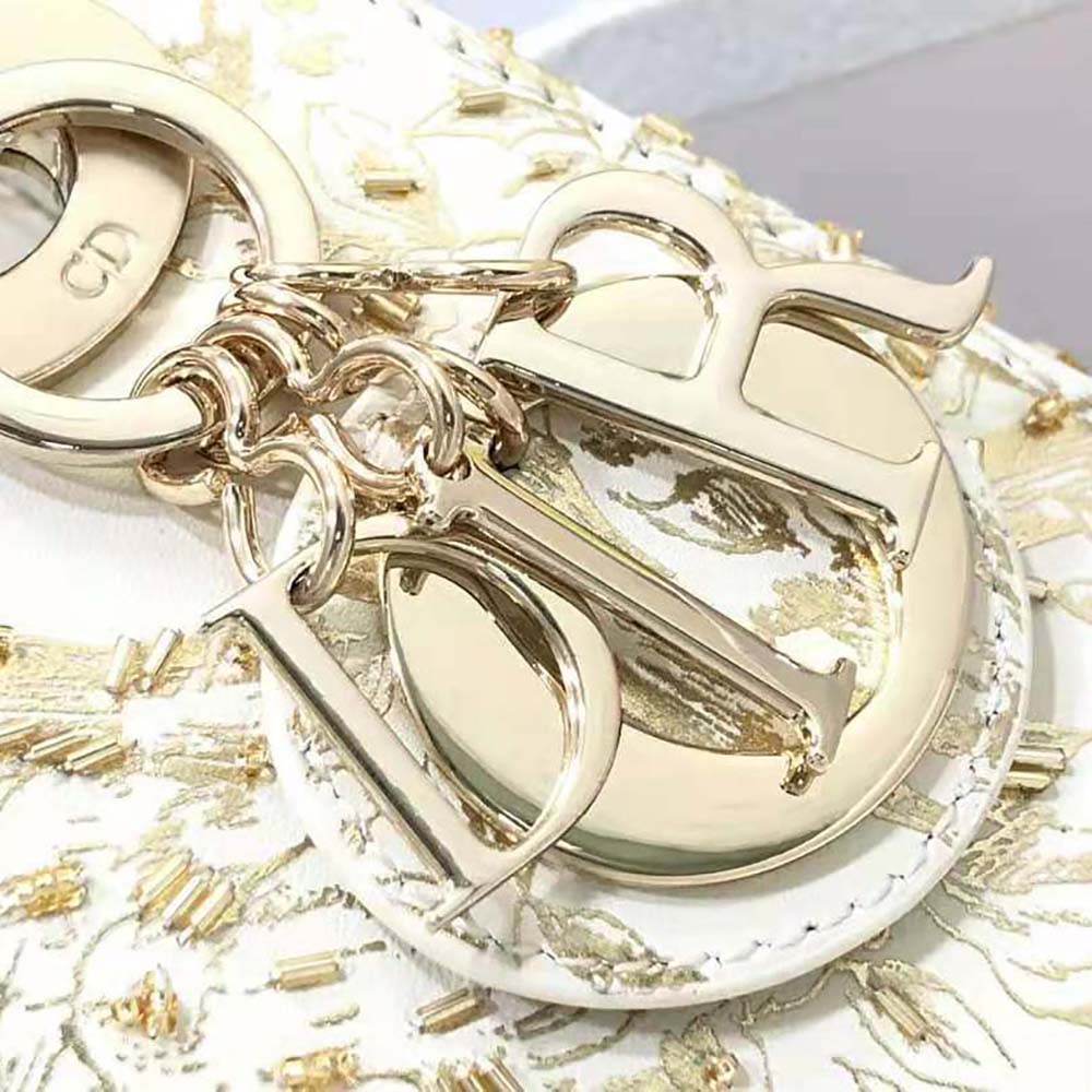 Dior Women Mini Lady Dior Bag White Calfskin with Gold-Tone Printed and Bead-Embroidered Dior Jardin D’Hiver Motif - image 8