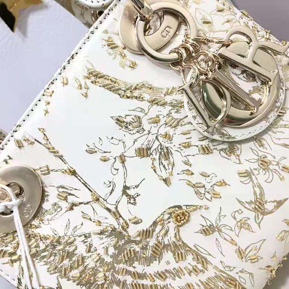 Dior Women Mini Lady Dior Bag White Calfskin with Gold-Tone Printed and Bead-Embroidered Dior Jardin D’Hiver Motif - image 7
