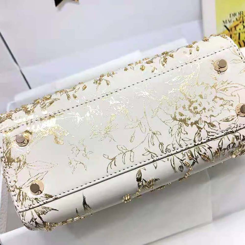 Dior Women Mini Lady Dior Bag White Calfskin with Gold-Tone Printed and Bead-Embroidered Dior Jardin D’Hiver Motif - image 6