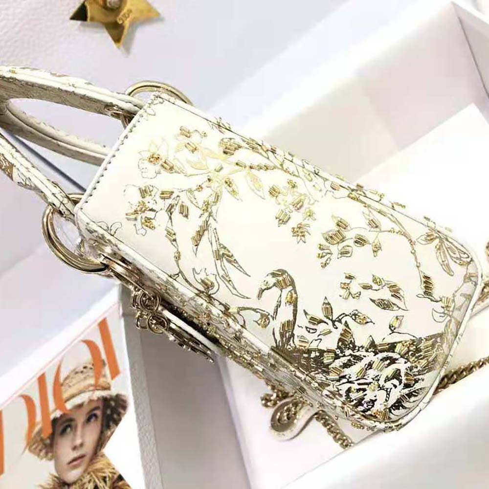 Dior Women Mini Lady Dior Bag White Calfskin with Gold-Tone Printed and Bead-Embroidered Dior Jardin D’Hiver Motif - image 4