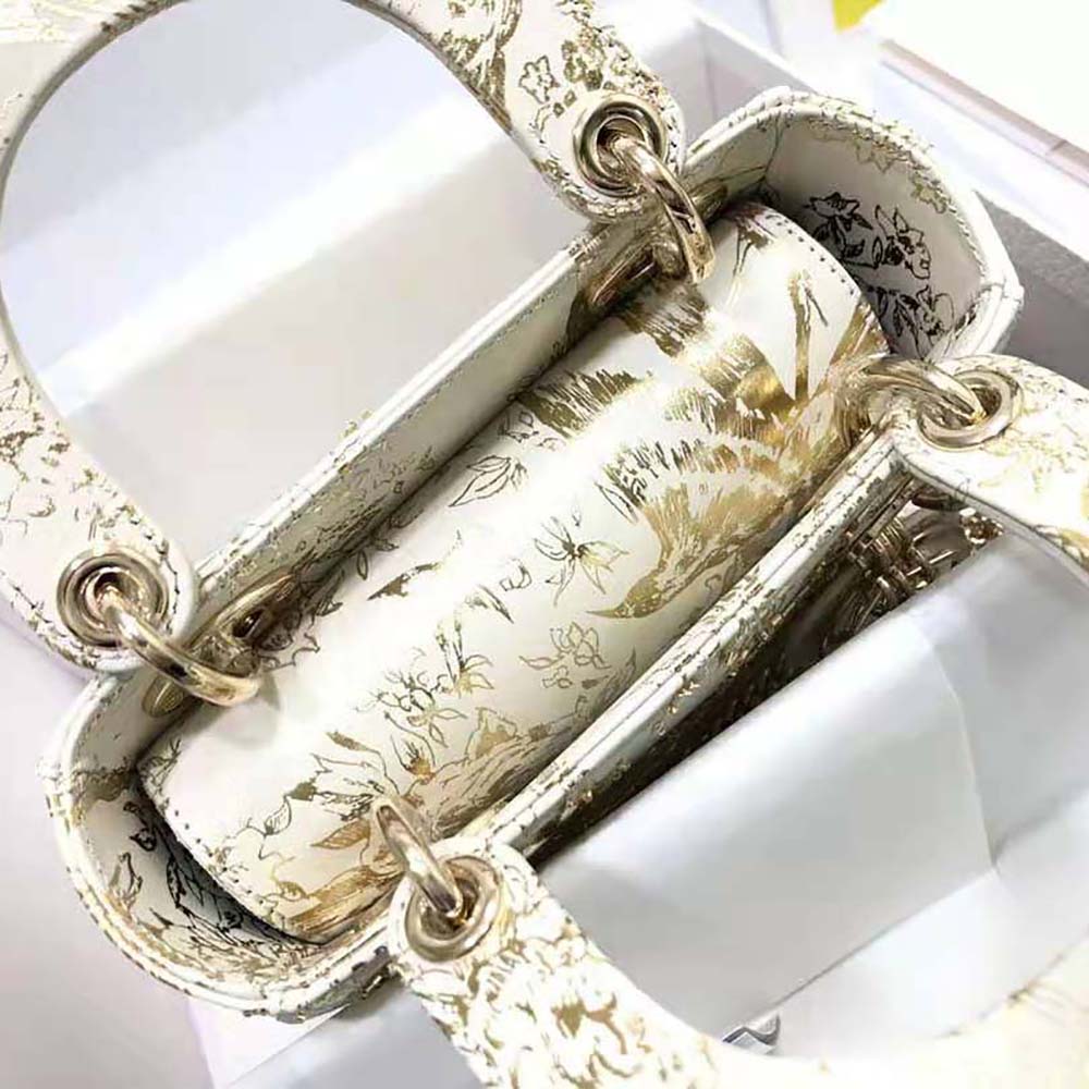 Dior Women Mini Lady Dior Bag White Calfskin with Gold-Tone Printed and Bead-Embroidered Dior Jardin D’Hiver Motif - image 5