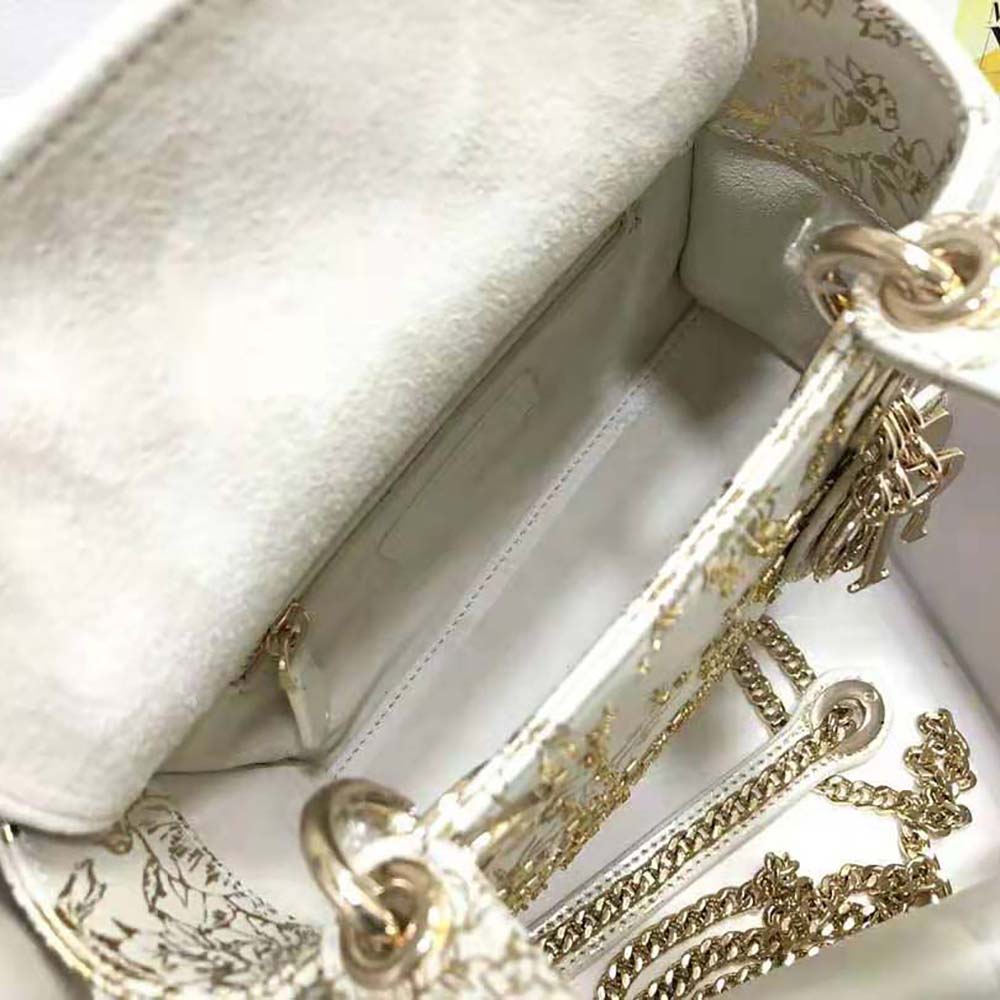 Dior Women Mini Lady Dior Bag White Calfskin with Gold-Tone Printed and Bead-Embroidered Dior Jardin D’Hiver Motif - image 9