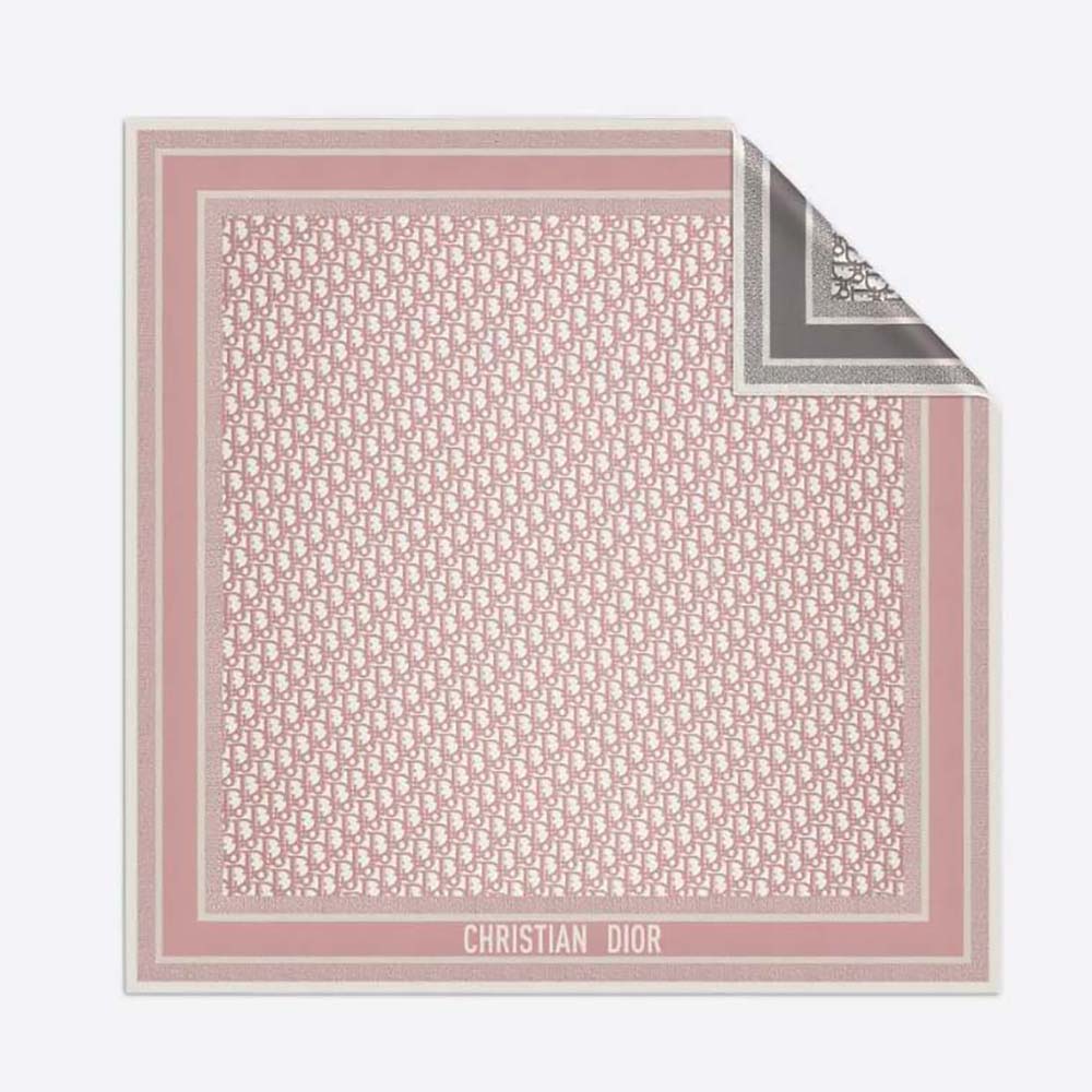 Front view of Dior Women Oblique Diortwin Square Scarf Rose Des Vents and Gray Silk Twill