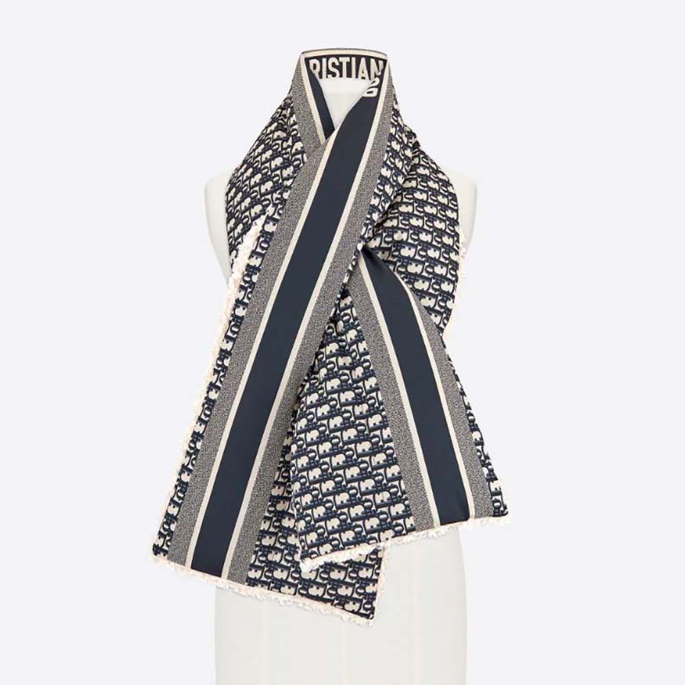 Front view of Dior Women Oblique Scarf Navy Blue Technical Taffeta