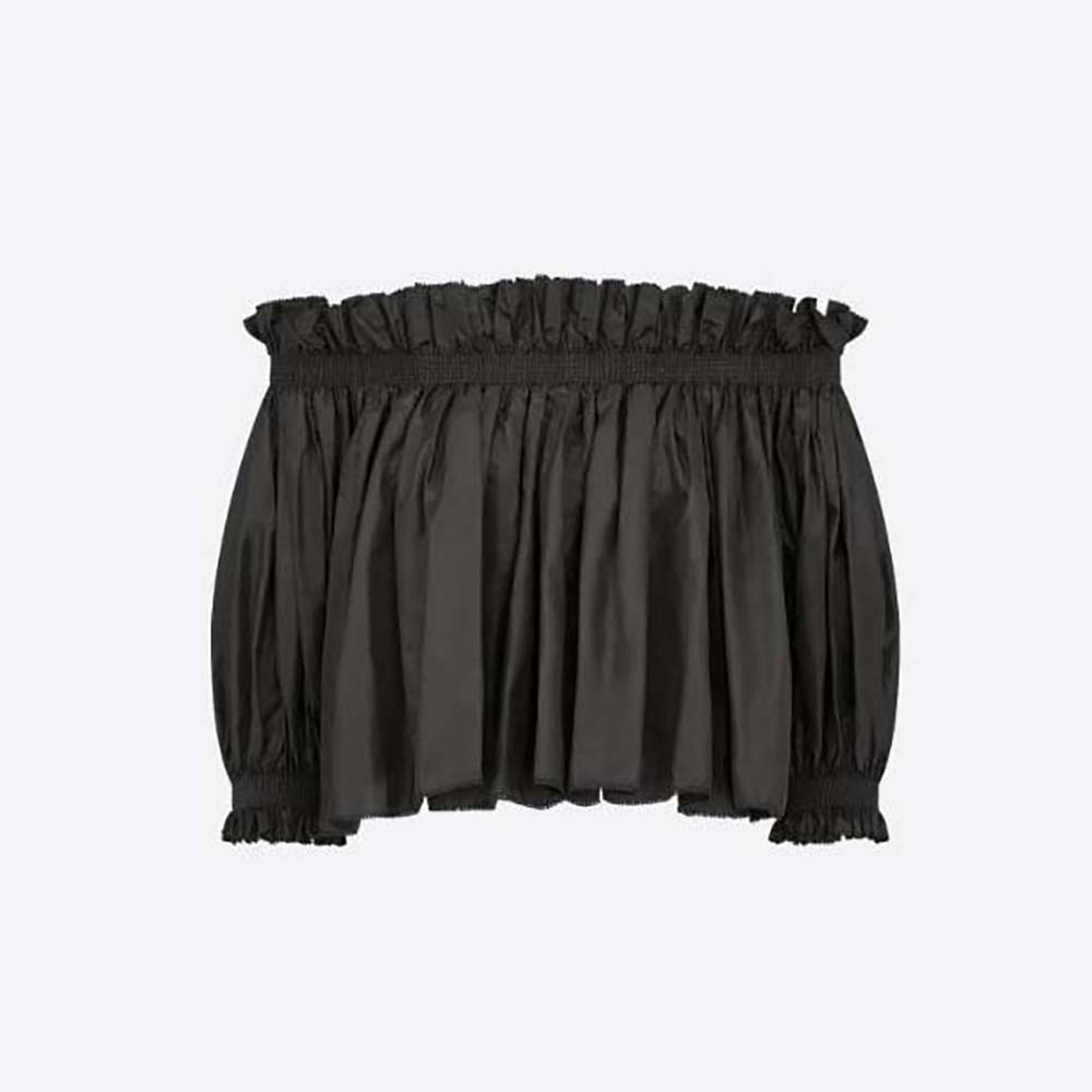 Front view of Dior Women Off-the-Shoulder Smocked Top Black Silk Taffeta