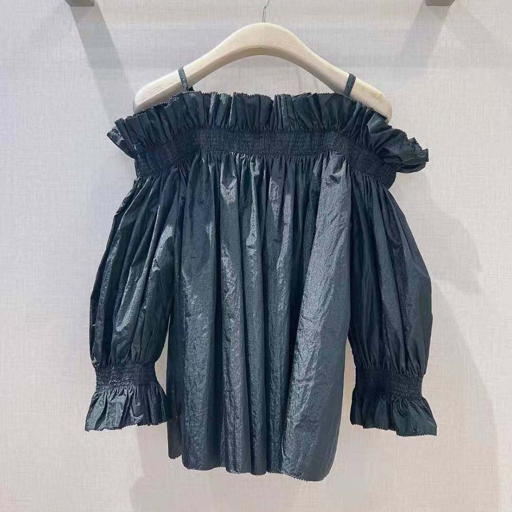 Dior Women Off-the-Shoulder Smocked Top Black Silk Taffeta - image 4