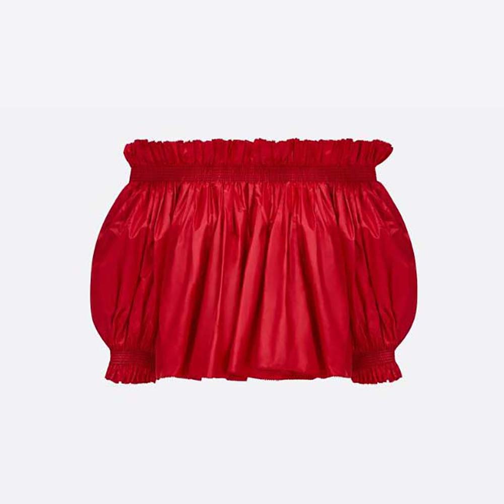 Front view of Dior Women Off-the-Shoulder Smocked Top Scarlet Red Silk Taffeta
