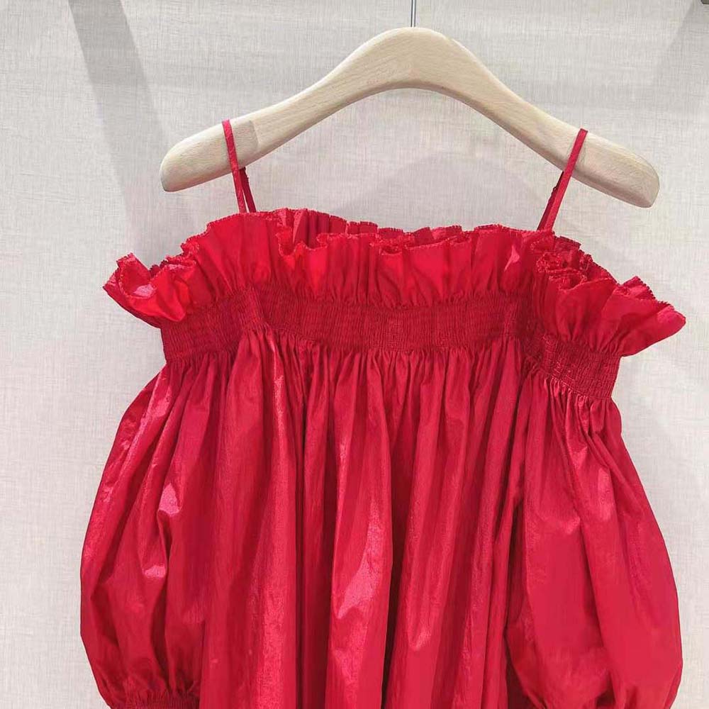 Dior Women Off-the-Shoulder Smocked Top Scarlet Red Silk Taffeta - image 6