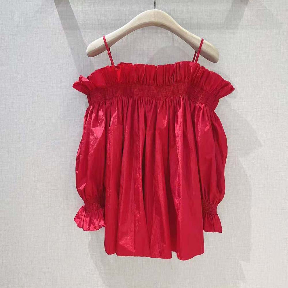 Dior Women Off-the-Shoulder Smocked Top Scarlet Red Silk Taffeta - image 4