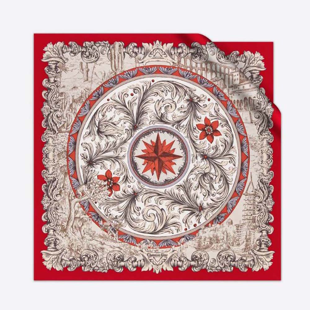 Front view of Dior Women Rose Des Vents 90 Square Scarf in red silk twill