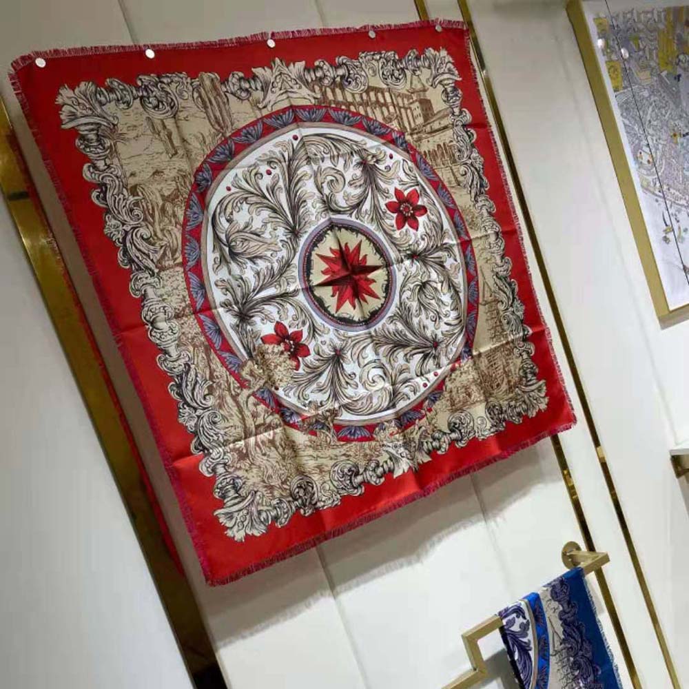 Dior Women Rose Des Vents 90 Square Scarf Red and Ivory Silk Twill - image 5