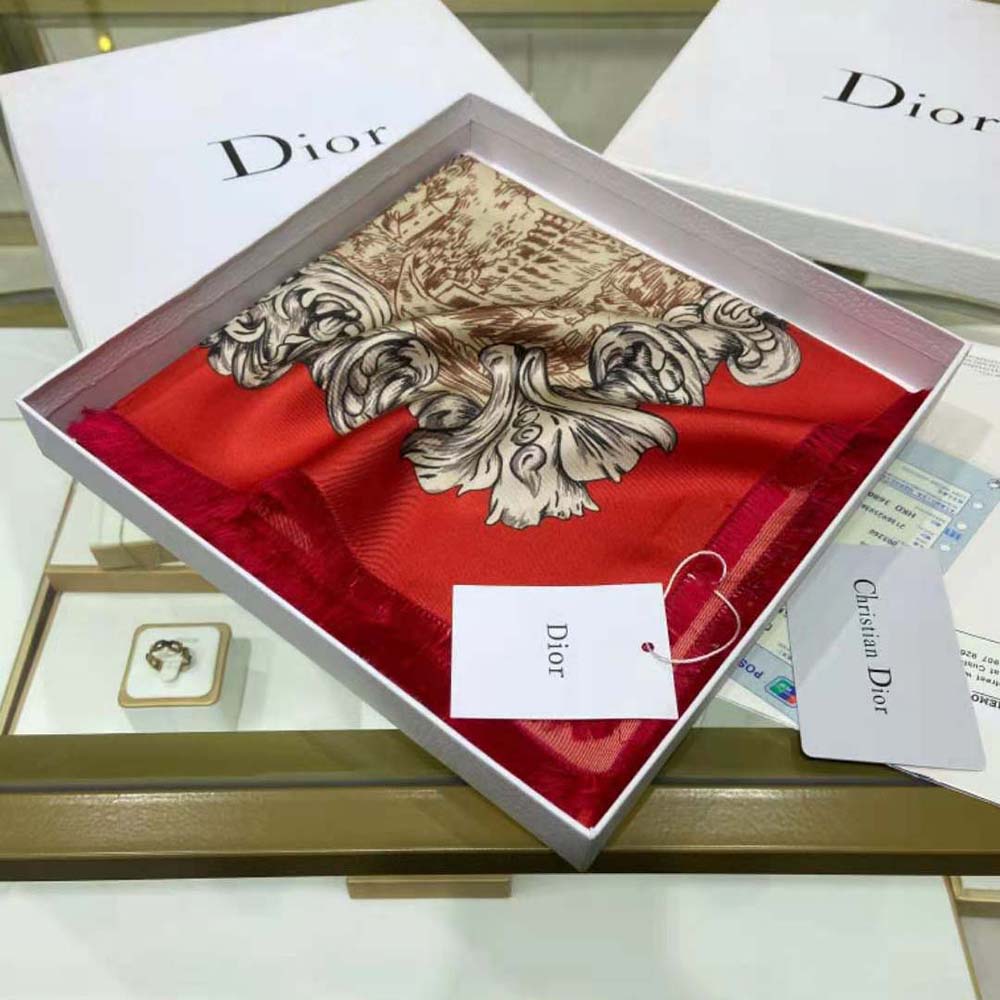 Dior Women Rose Des Vents 90 Square Scarf Red and Ivory Silk Twill - image 6