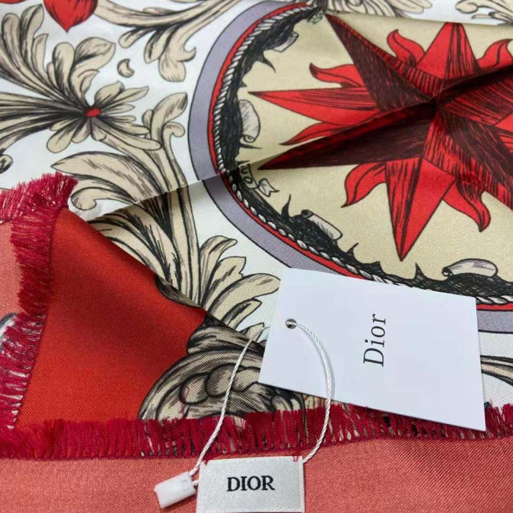 Dior Women Rose Des Vents 90 Square Scarf Red and Ivory Silk Twill - image 8
