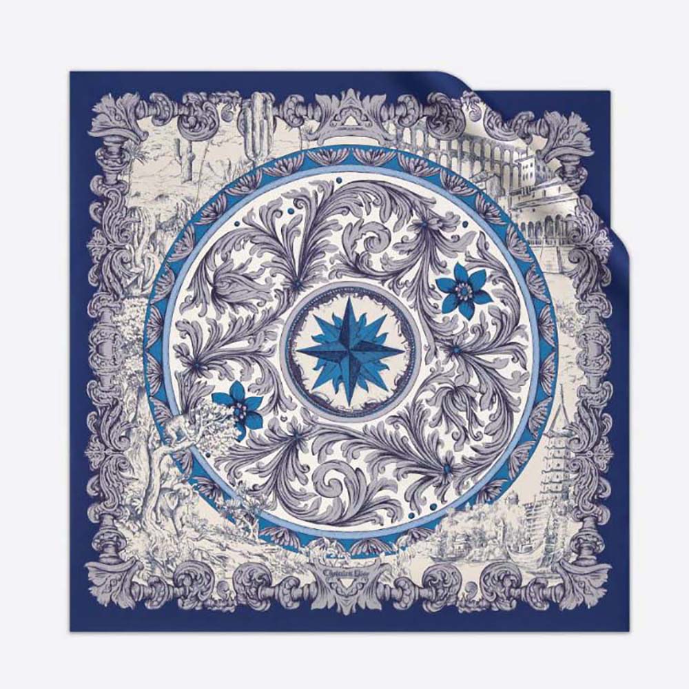 Front view of Dior Women Rose Des Vents 90 Square Scarf royal blue and white