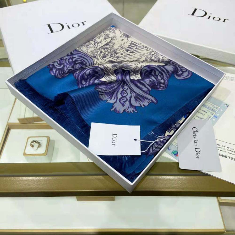 Dior Women Rose Des Vents 90 Square Scarf Royal Blue and White Silk Twill - image 7