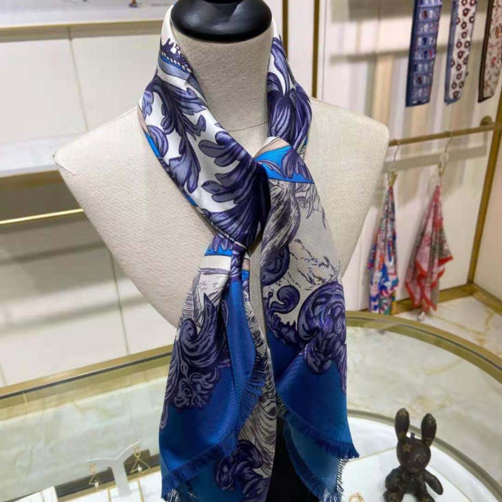 Draped styling detail of Dior Women Rose Des Vents 90 Square Scarf on model