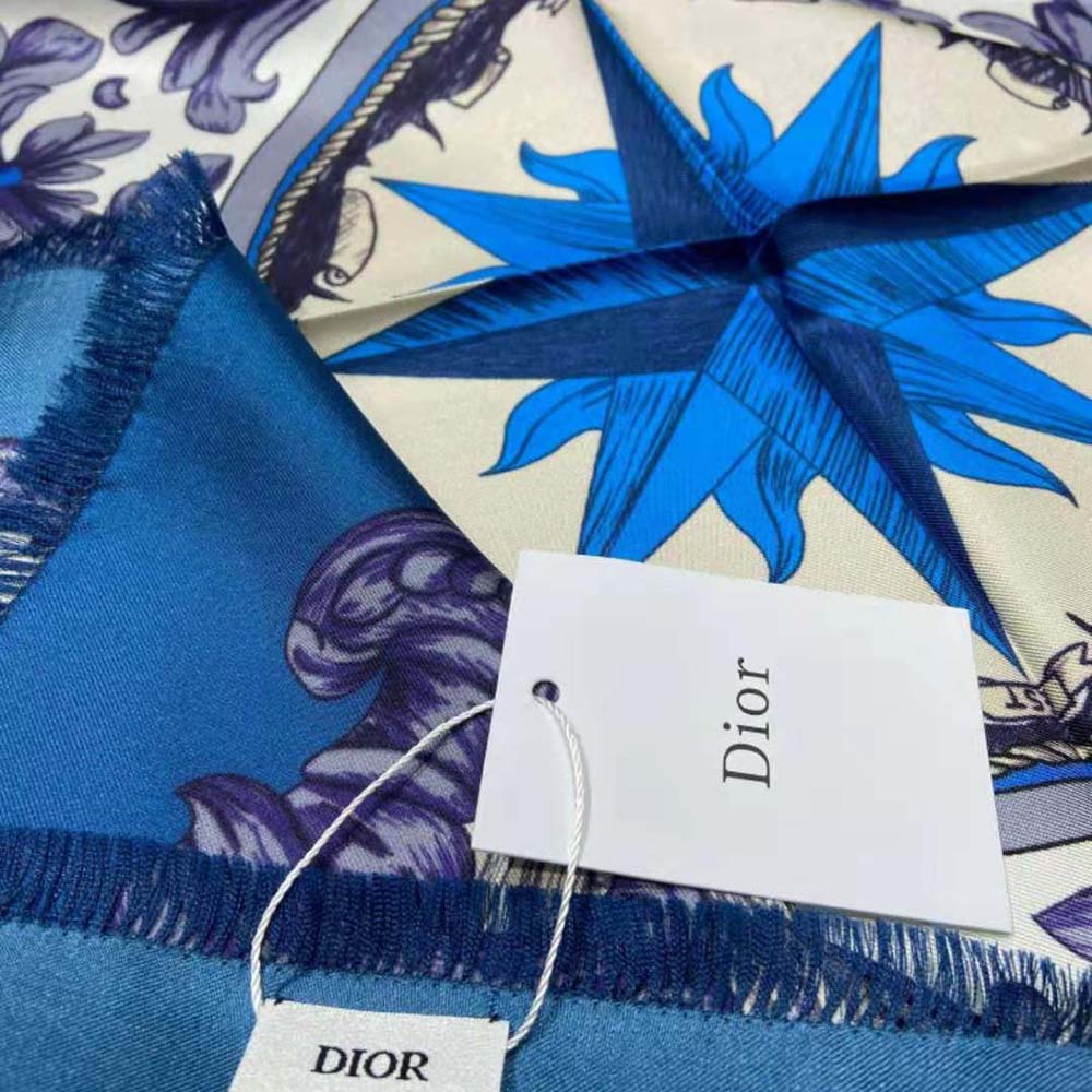 Dior Women Rose Des Vents 90 Square Scarf Royal Blue and White Silk Twill - image 8