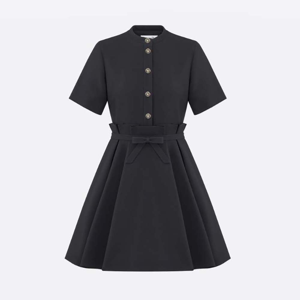 Front view of Dior Women Short Flared Dress Black Wool and Silk