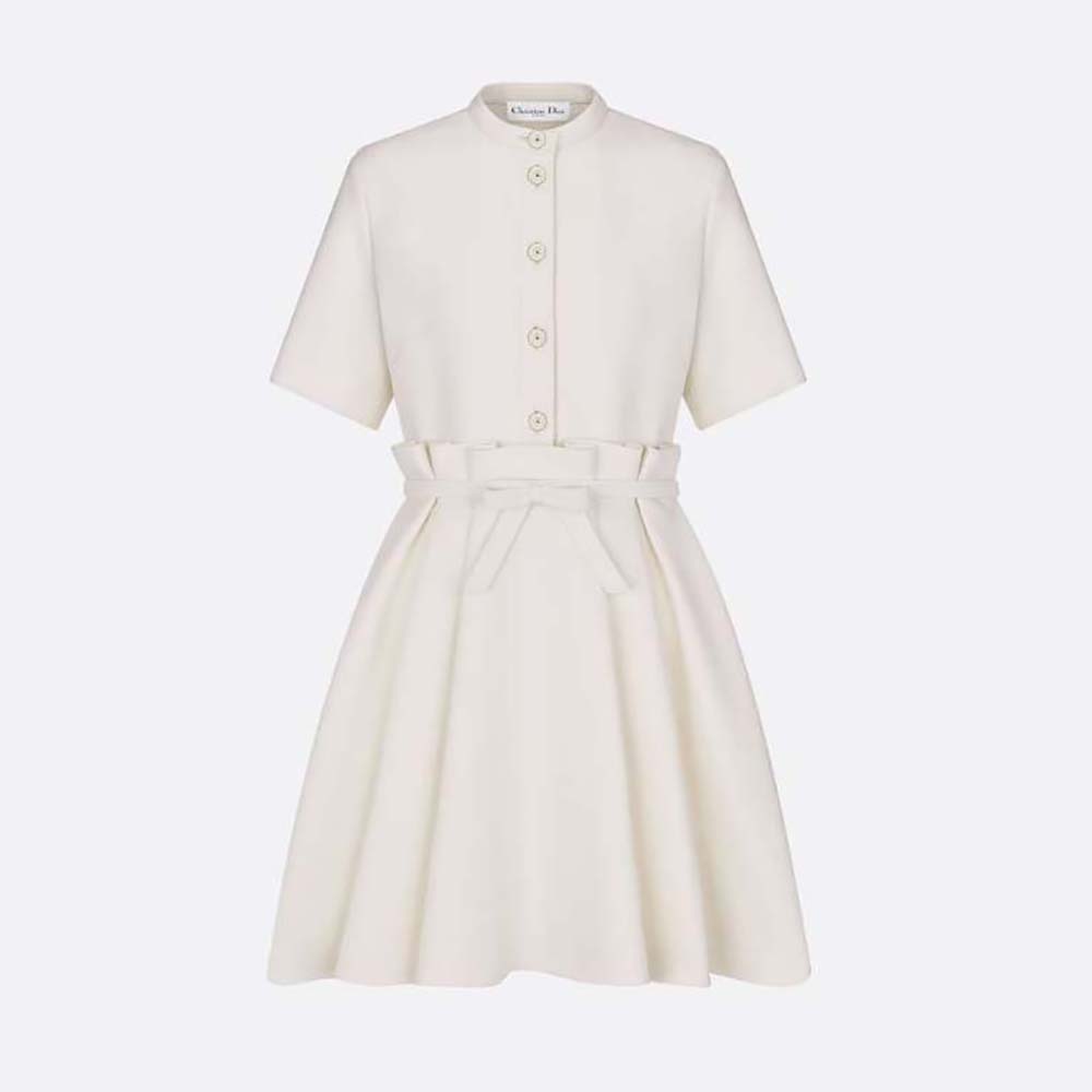 Front view of Dior Women Short Flared Dress White Wool and Silk