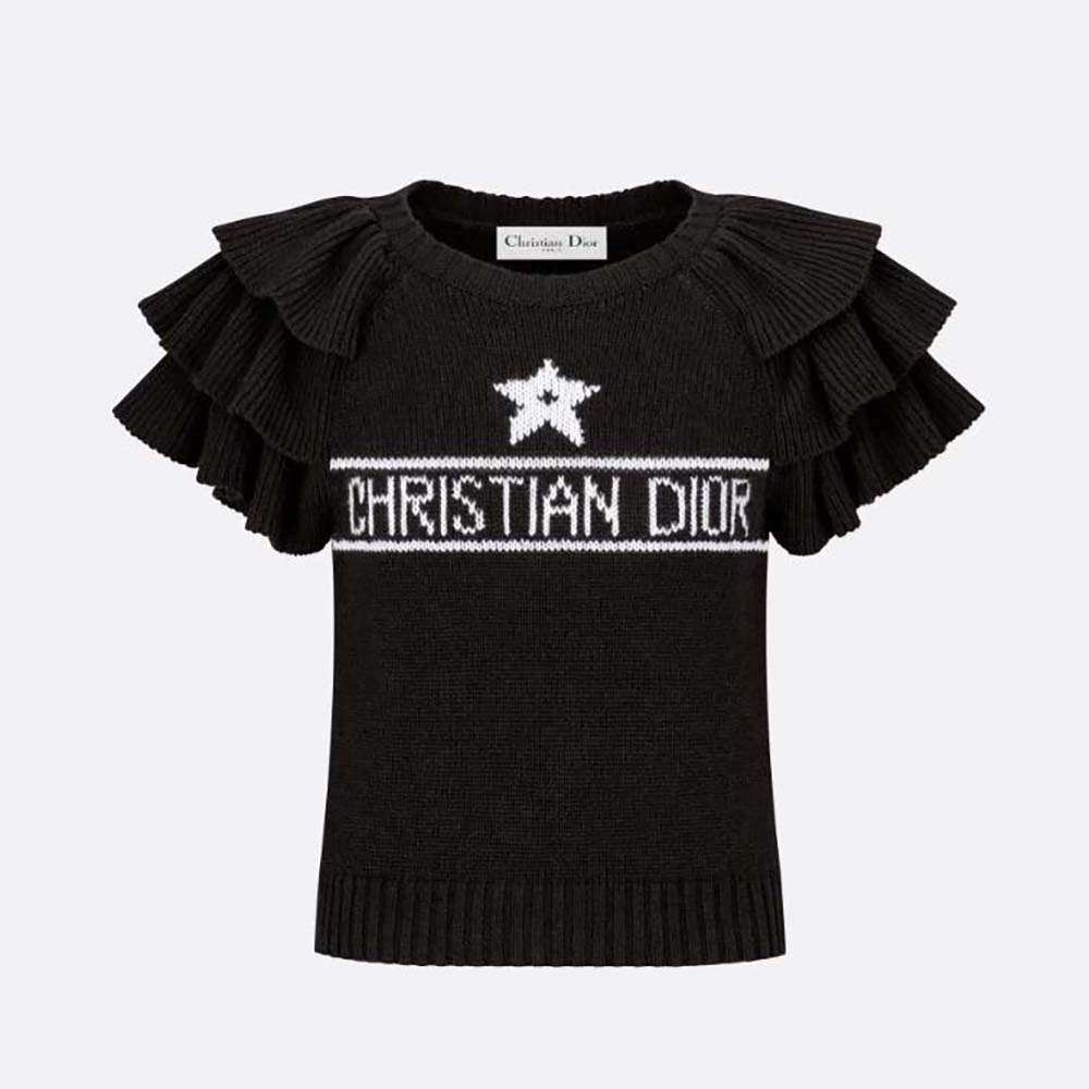 Front view of Dior Women Sweater with Ruffles Black Cashmere Knit with Signature