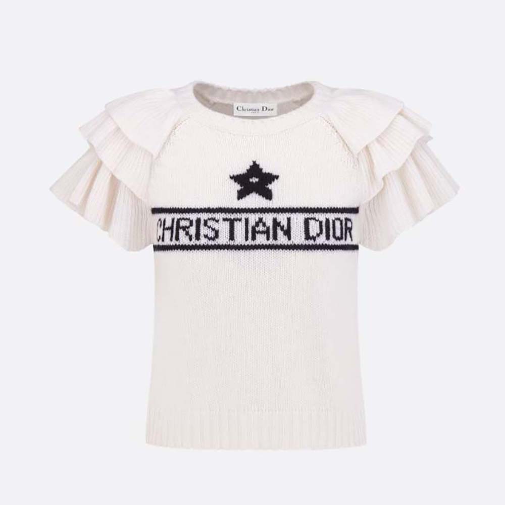 Front view of Dior Women Sweater with Ruffles White Cashmere Knit