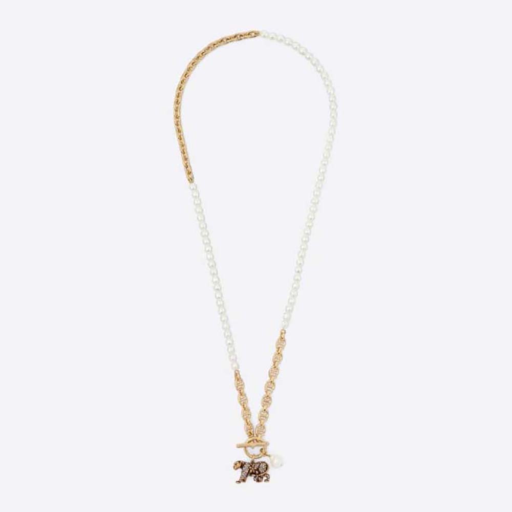 Close-up of Dior Women Toile De Jouy Necklace antique gold finish and pearl