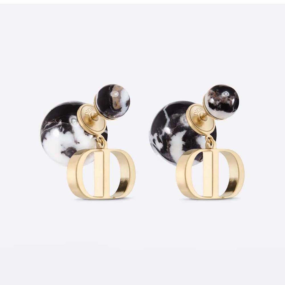 Close-up front view of Dior Women Tribales Earrings Gold-Finish Metal and Black Jasper Pearls
