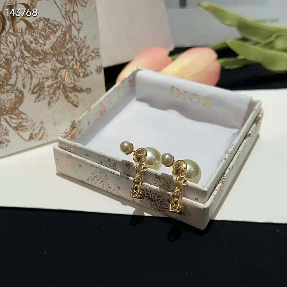 Side angle showing gold-finish metal and double-sided design of Dior Women Tribales Earrings