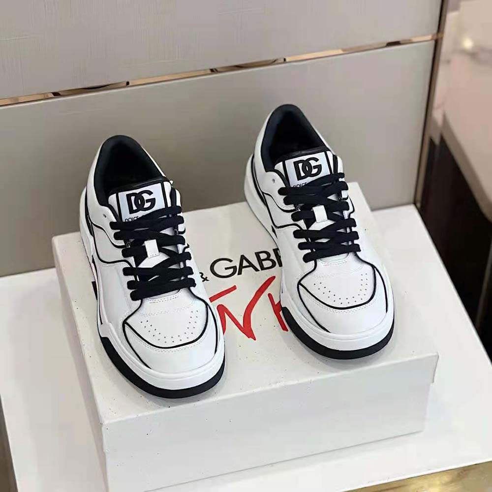 Close-up of black calfskin nappa leather texture on Dolce Gabbana D&G sneakers