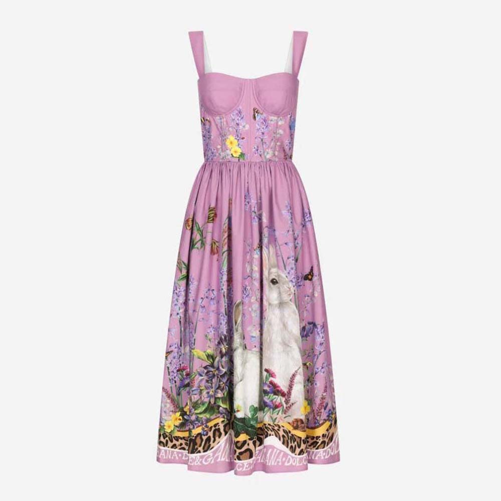 Front view of Dolce Gabbana D&G Women Calf-Length Bustier Dress in Rabbit-Print Poplin