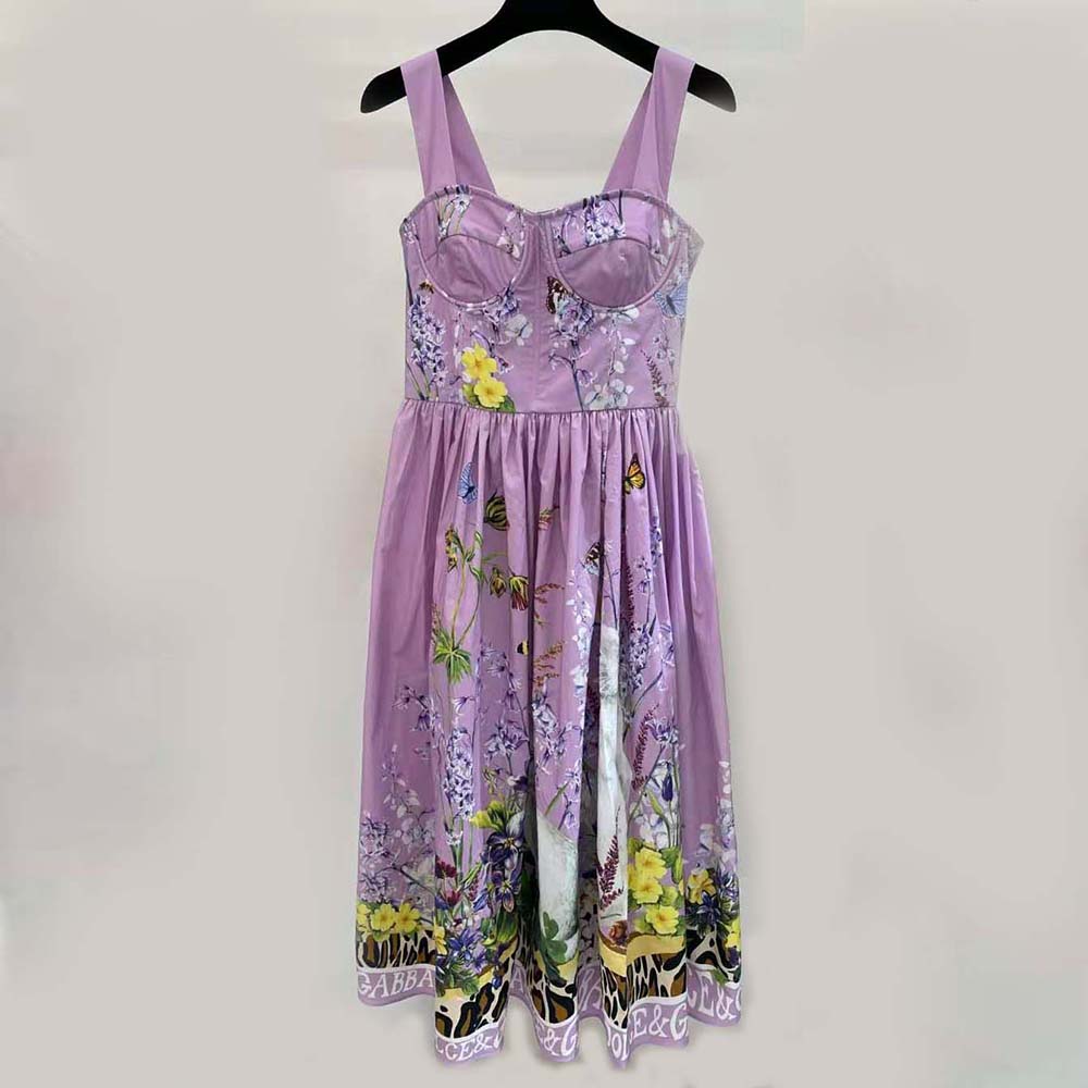 Close-up of purple poplin fabric and rabbit print on Dolce Gabbana D&G dress