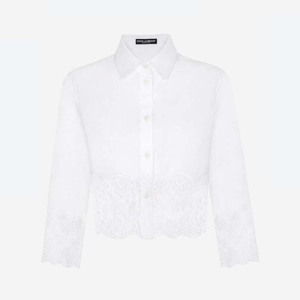 Front view of Dolce Gabbana D&G Women Cropped Poplin Shirt with Lace Inserts