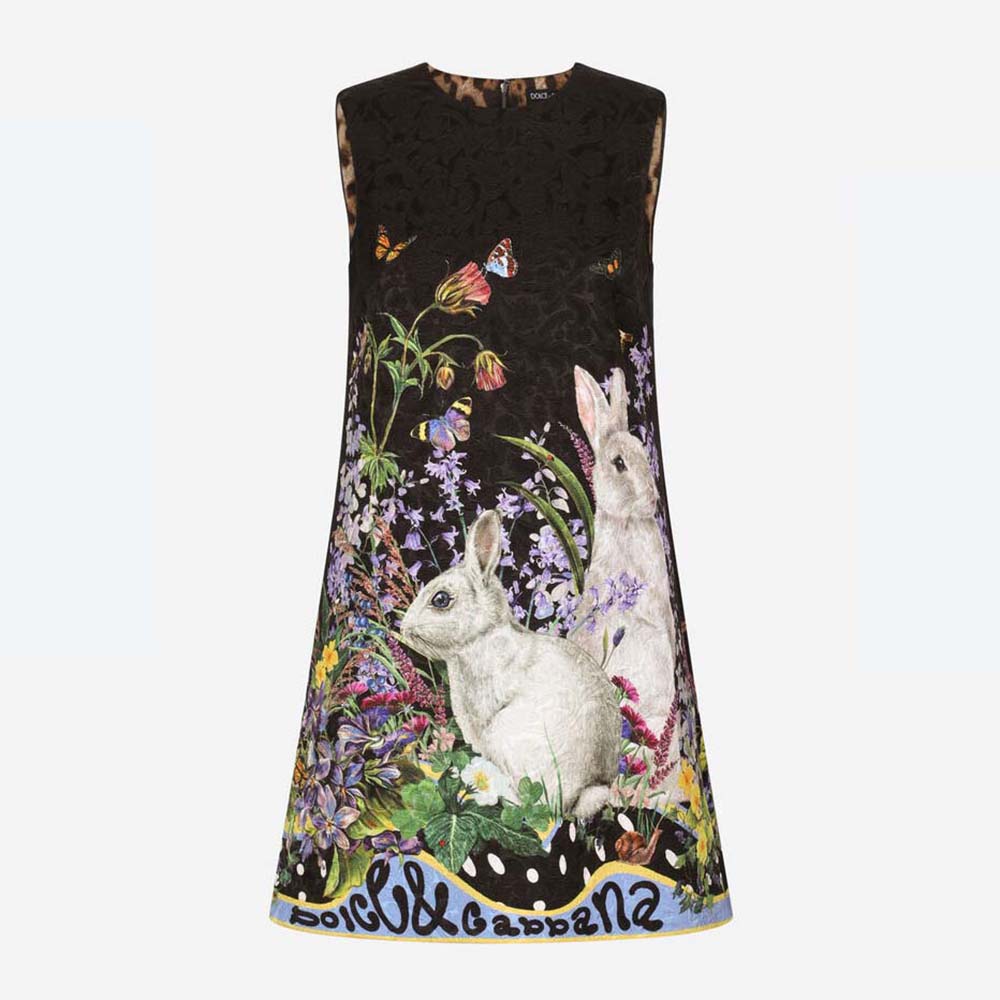 Front view of Dolce Gabbana D&G Women Rabbit-Print Brocade A-Line Dress