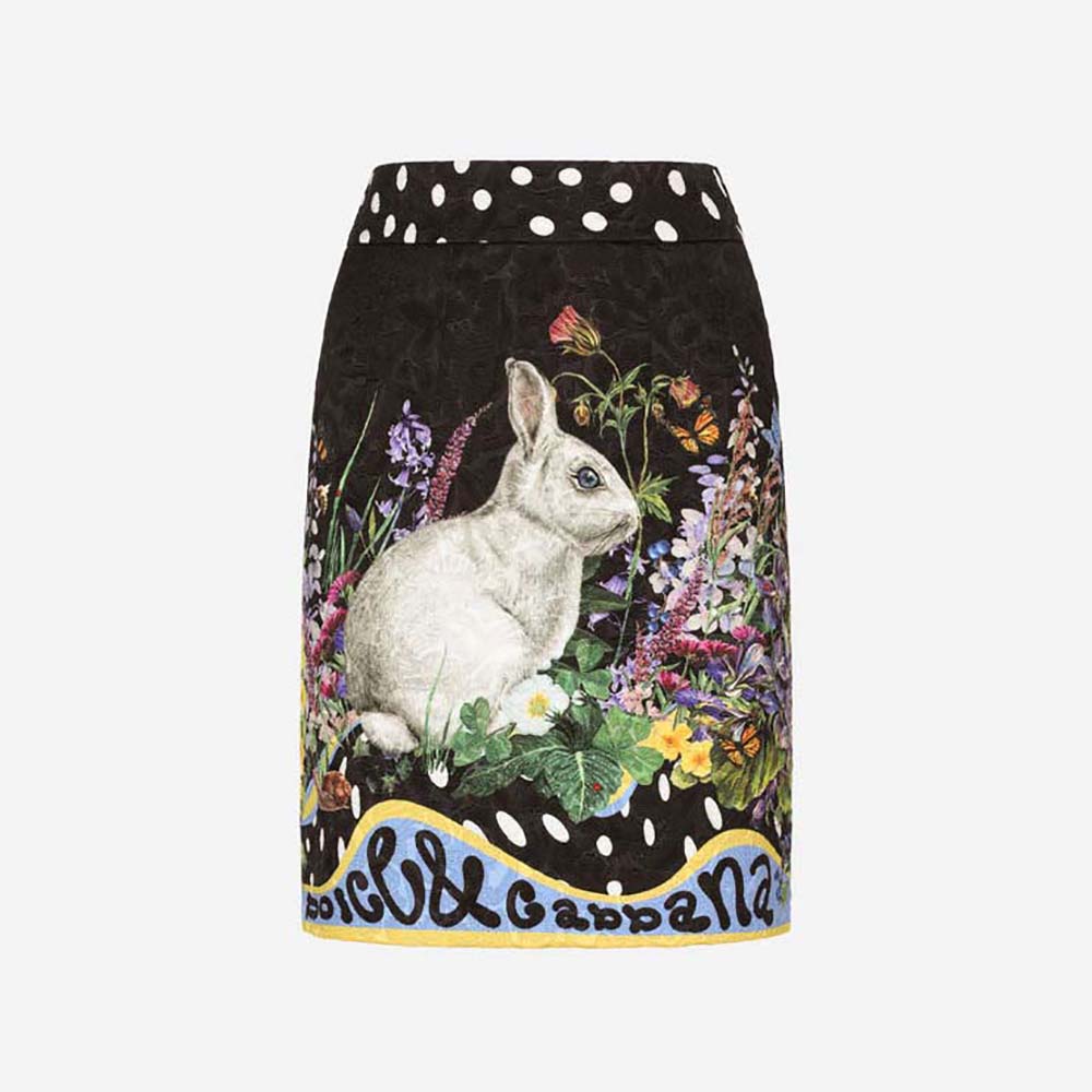 Front view of Dolce Gabbana D&G Women Rabbit-Print Brocade Miniskirt