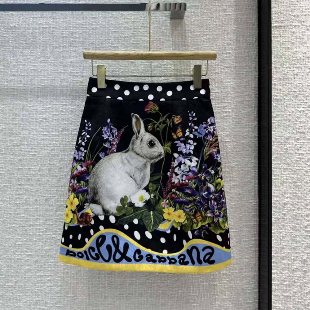 Close-up detail of rabbit print on Dolce Gabbana D&G miniskirt