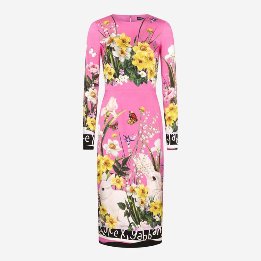 Front view of Dolce Gabbana D&G Women Rabbit-Print Charmeuse Midi Dress
