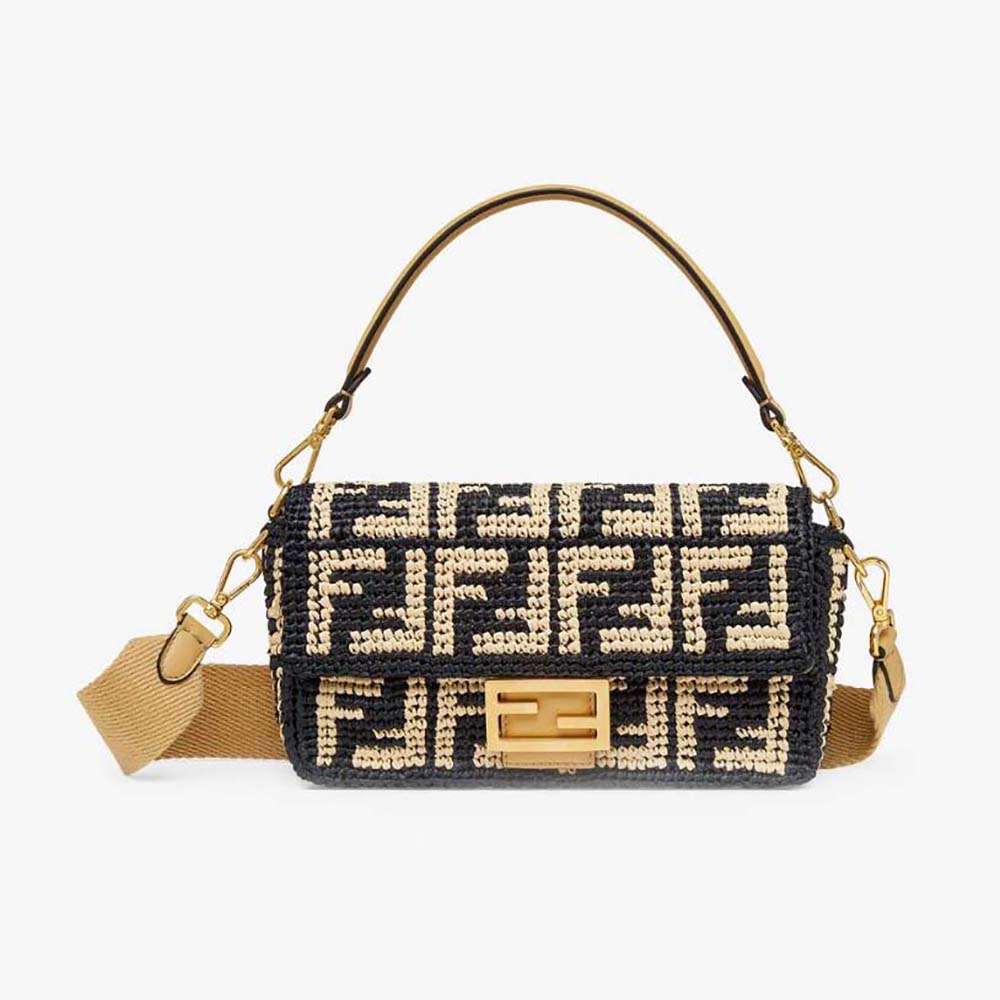 Front view of Fendi Women Baguette Black Raffia Back with Crocheted FF
