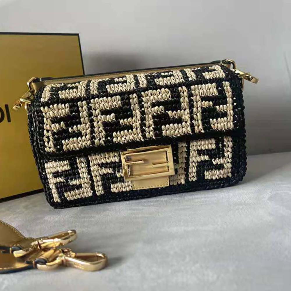 Close-up of crocheted FF detail on Fendi Women Baguette Black Raffia Back