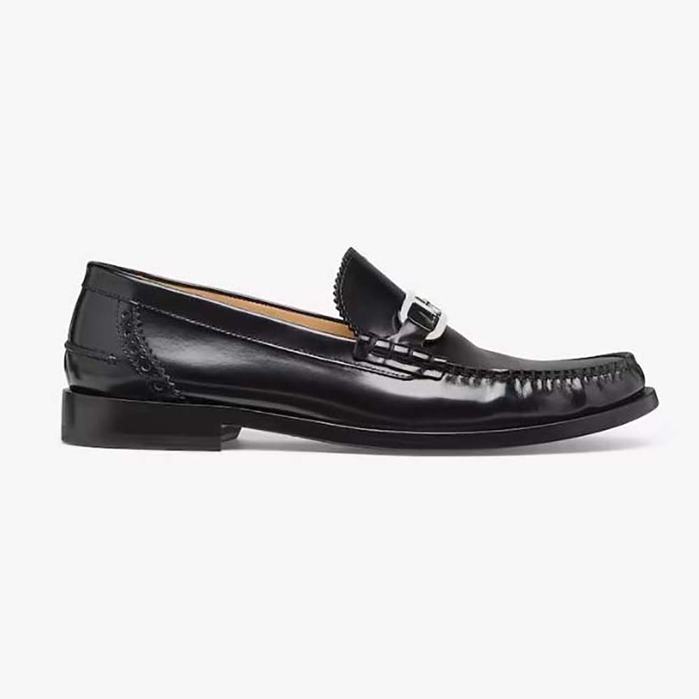 Side view of Fendi Men Black Leather Loafers with O’Lock Motif