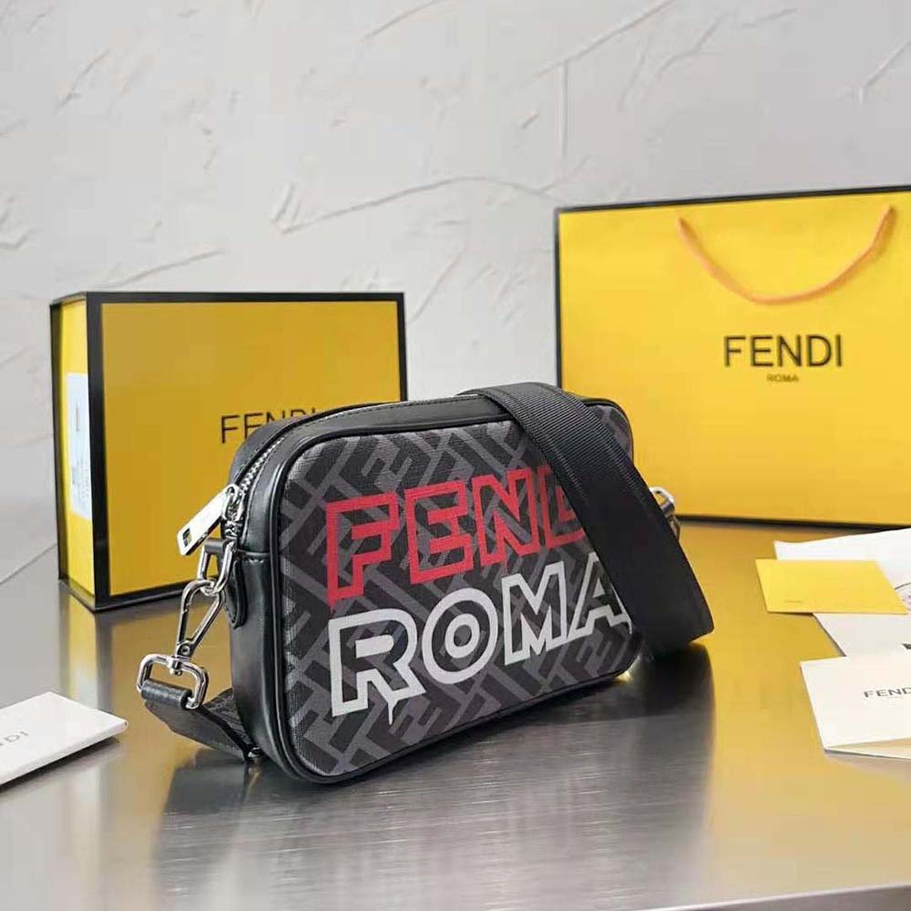 Side profile showing adjustable strap on Fendi Men Camera Case Lunar New Year Capsule Gray Fabric Bag
