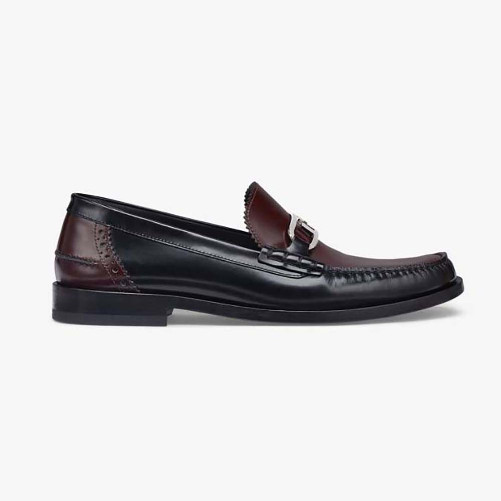 Side profile of Fendi Men Maroon Leather Loafers with O’Lock motif