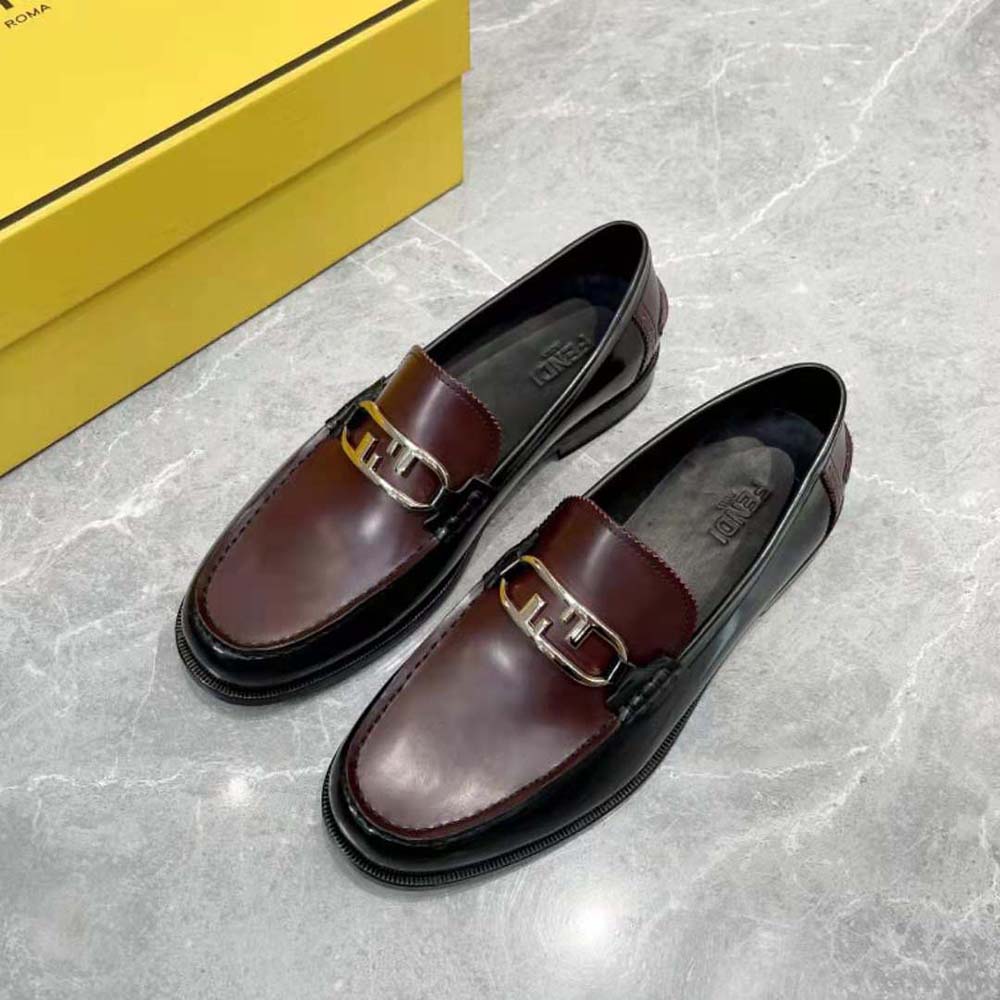 Top-down view of Fendi Men Maroon Leather Loafers showcasing smooth leather