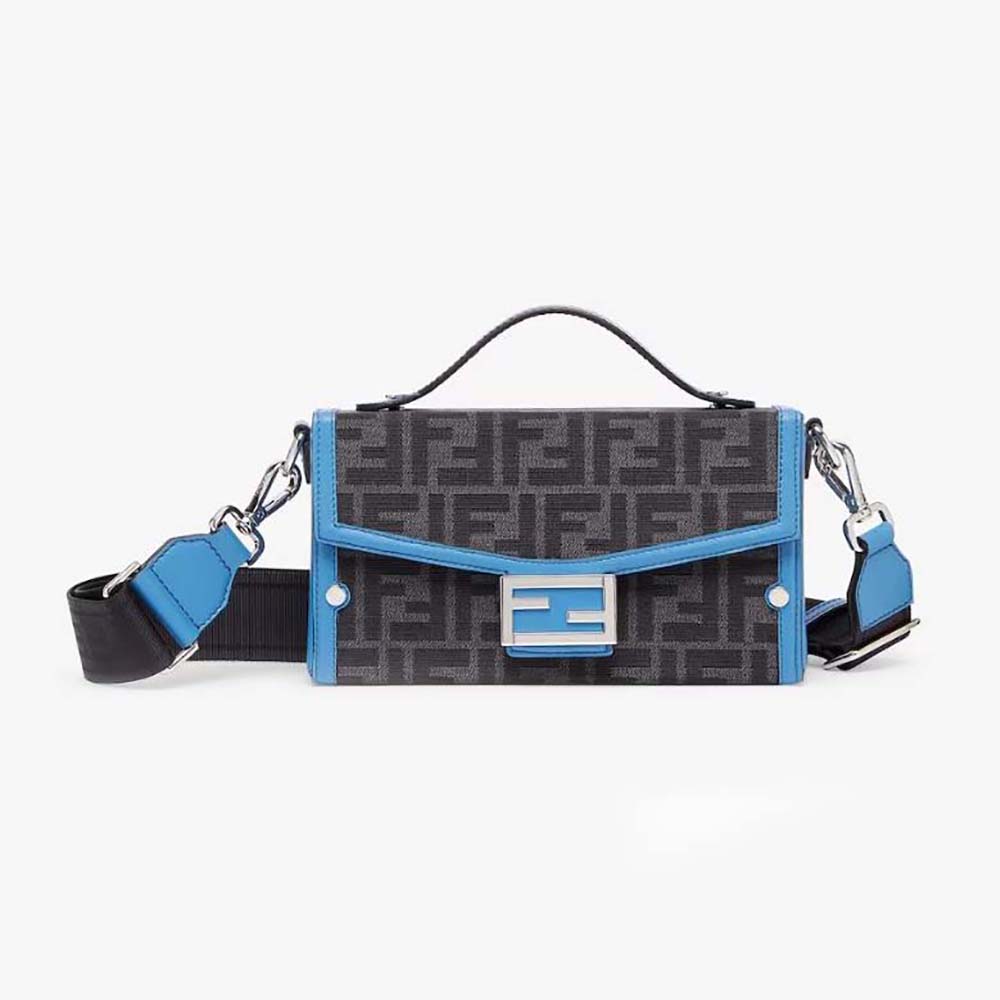 Front view of Fendi Men Soft Trunk Baguette Blue Leather and FF Fabric Bag