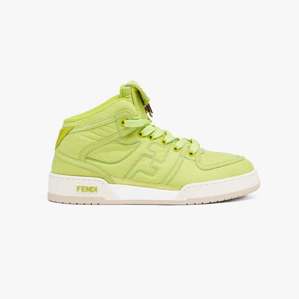 Side profile of Fendi Unisex Match Acid Green Nylon High-Tops in bright green