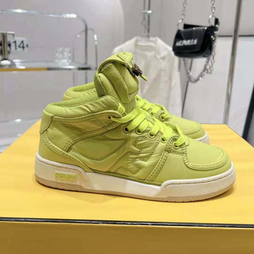 Close-up on lace-up and Fendi logo hardware of Acid Green Nylon High-Tops
