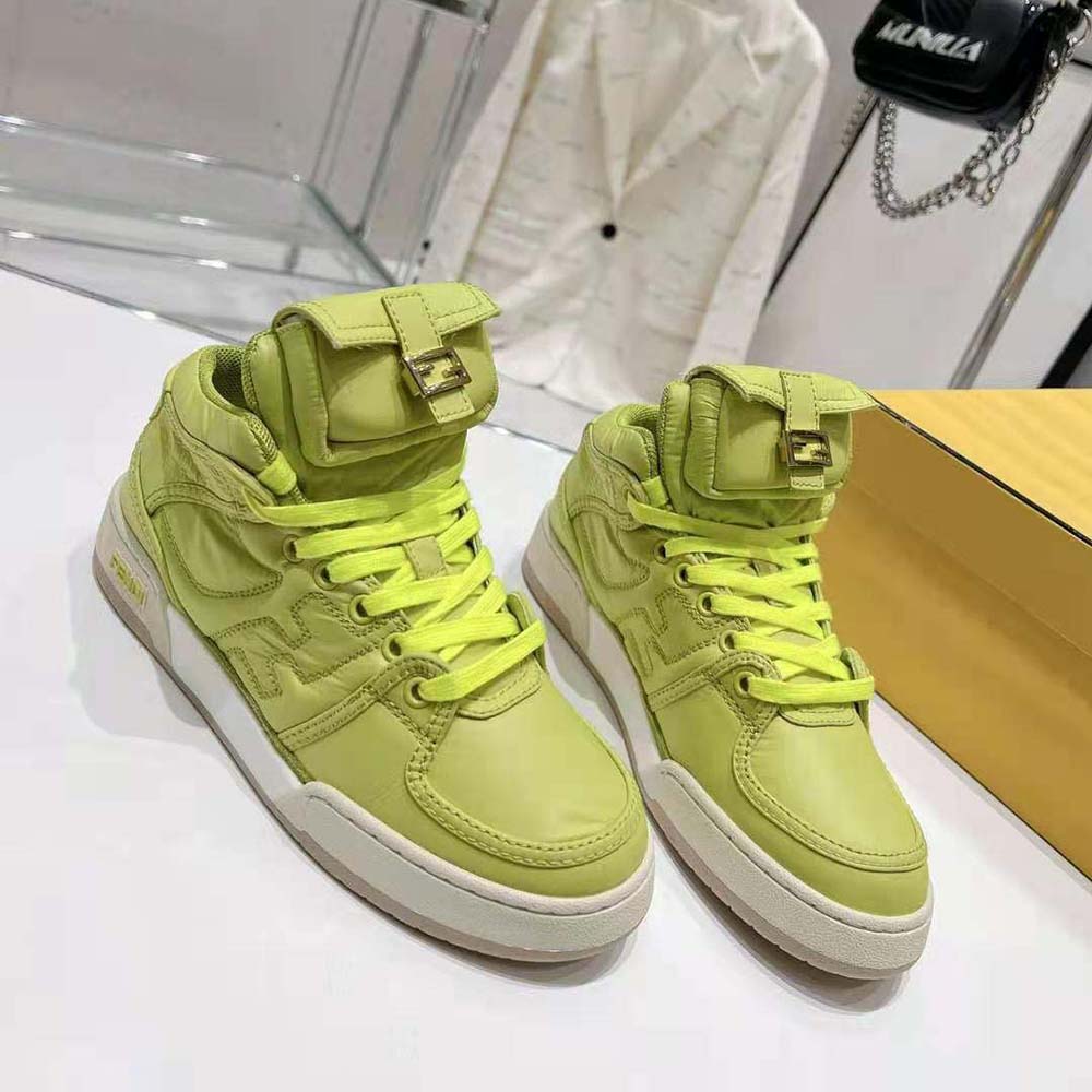 Overhead shot detailing the nylon texture on Fendi Unisex Match Acid Green High-Tops