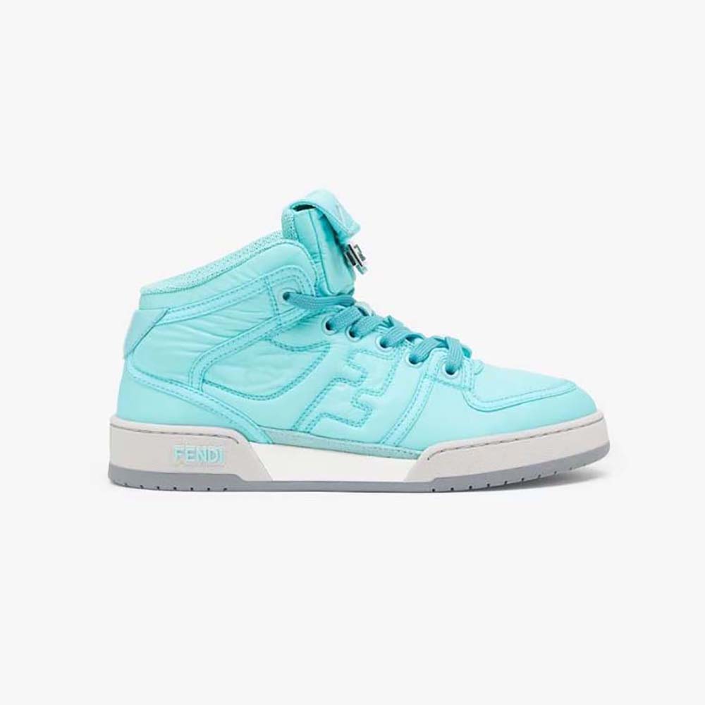 Side profile of Fendi Unisex Match Turquoise Nylon High-Tops in vibrant blue
