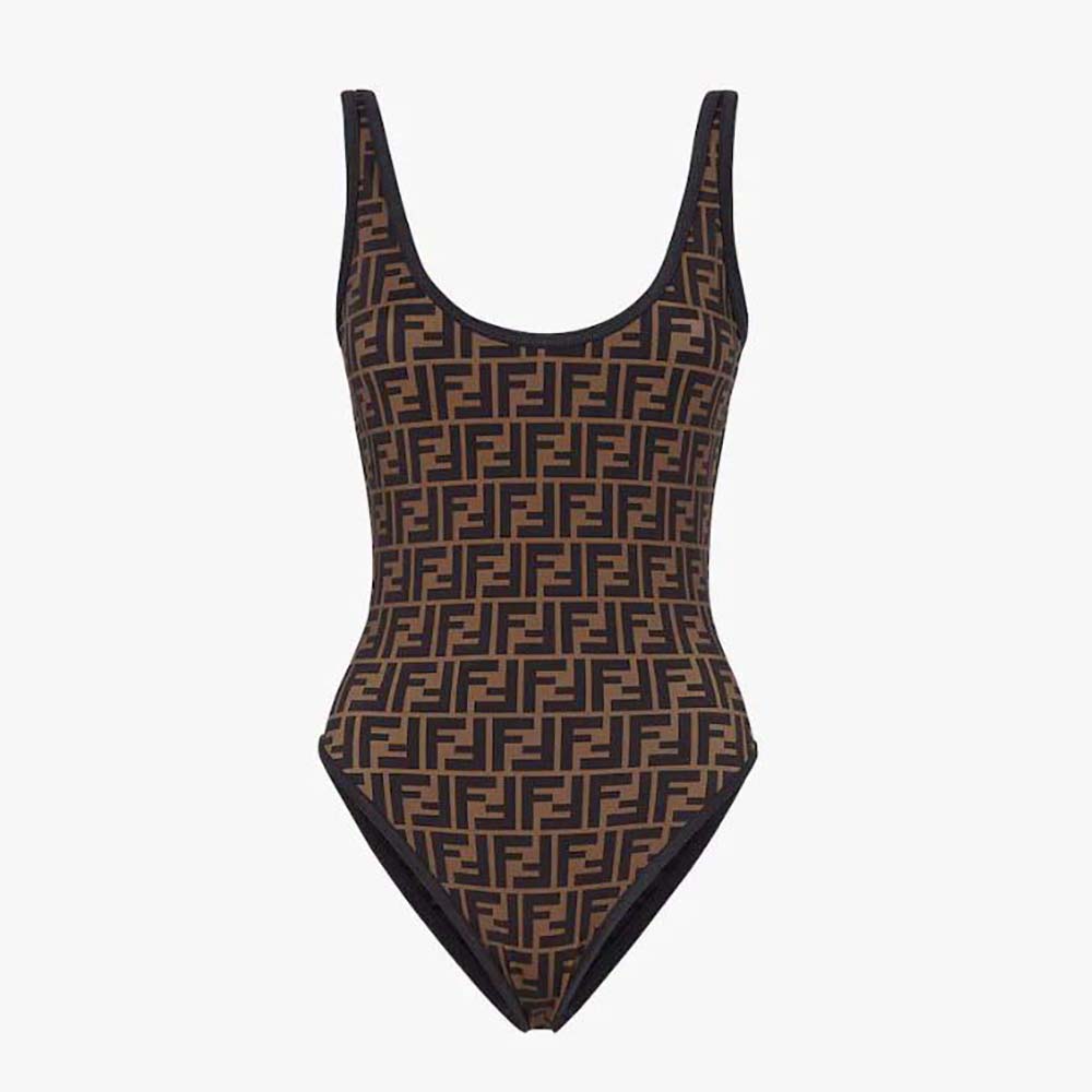 Front view of Fendi Women Brown Lycra® Swimsuit-Brown showcasing silhouette